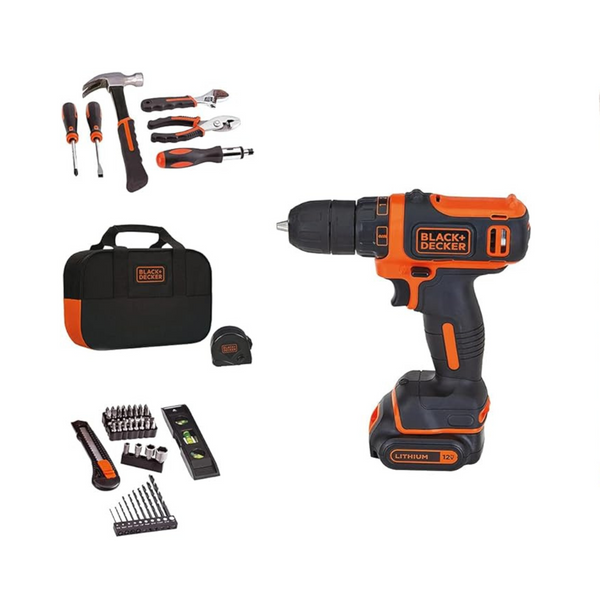 Black+Decker Kit de herramientas para el hogar y taladro de 12 V máx., 60 piezas