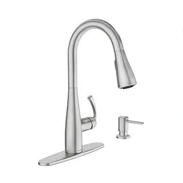 Juego de grifos de cocina abatibles de acero inoxidable Moen Essie Spot Resist con dispensador de jabón