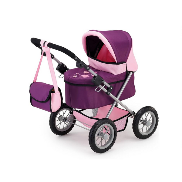 Cochecito para muñecas Trendy Pram morado y rosa, incluye bolso de hombro, se adapta a muñecas de hasta 18 ″, fácil de plegar