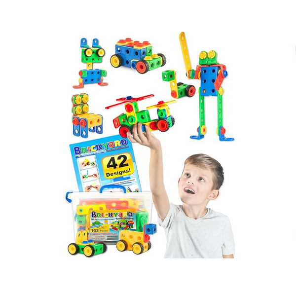 Brickyard Building Blocks STEM Toy with 163 Pieces, Tools, Design Guide and Toy Storage Box