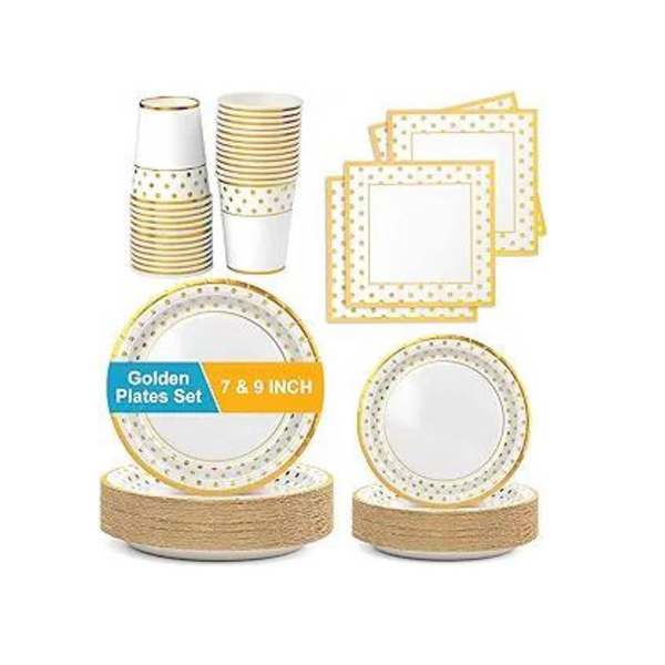 100 Pc White Gold Paper Party Set