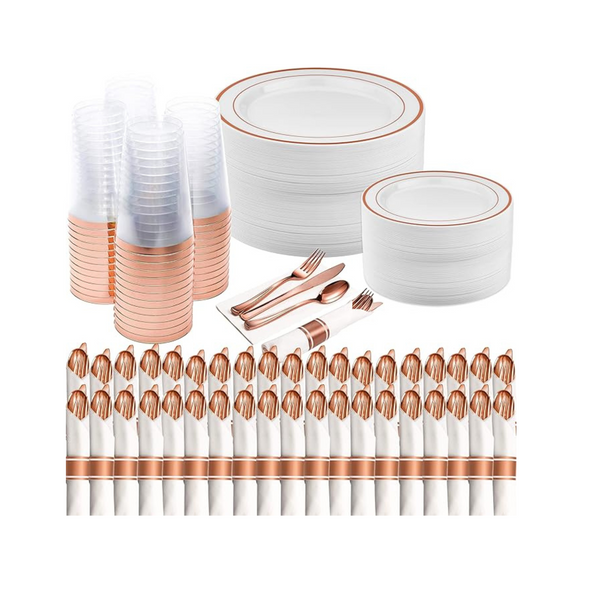 Prestee 350 Piece Rose Gold Plastic Dinnerware Set (50 Guests)