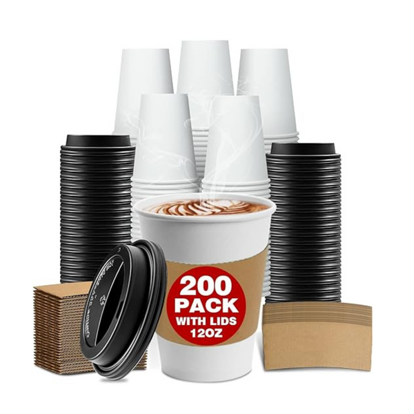 200-Pk 12 oz Thickened Disposable Paper Coffee Cups with Lids and Sleeves