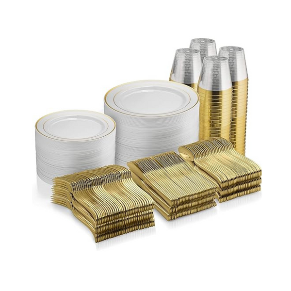 600 Piece Gold Or Silver Plastic Dinnerware Set