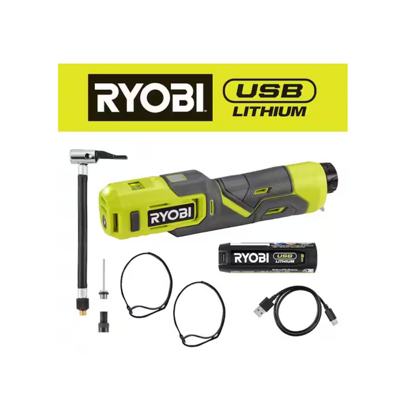 Ryobi USB Cordless Portable Inflator Kit w/ 2Ah USB Battery & Charging Cable