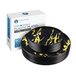 50-Pk Elegant Black & Gold Marble Design Plastic Plates Set