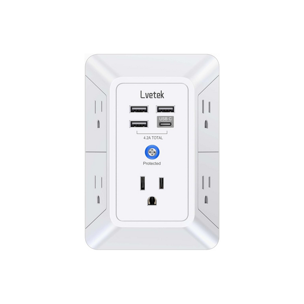 Protector contra sobretensiones para tomacorrientes de pared Lvetek (5x tomacorrientes, 3x USB-A, 1x USB-C)