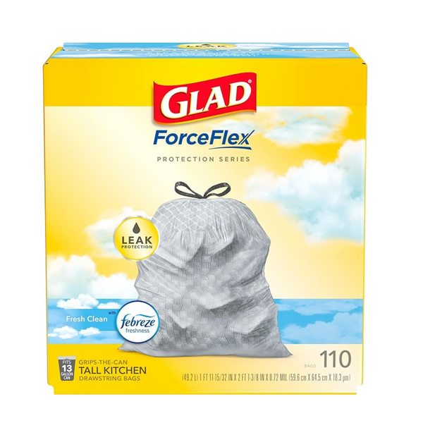 3 cajas de bolsas de basura con cordón para cocina Glad ForceFlex Tall de 13 galones, aroma fresco y limpio