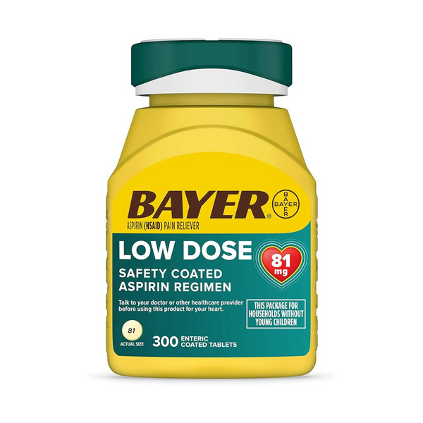 2 frascos de 300 tabletas de aspirina Bayer de dosis baja de 81 mg