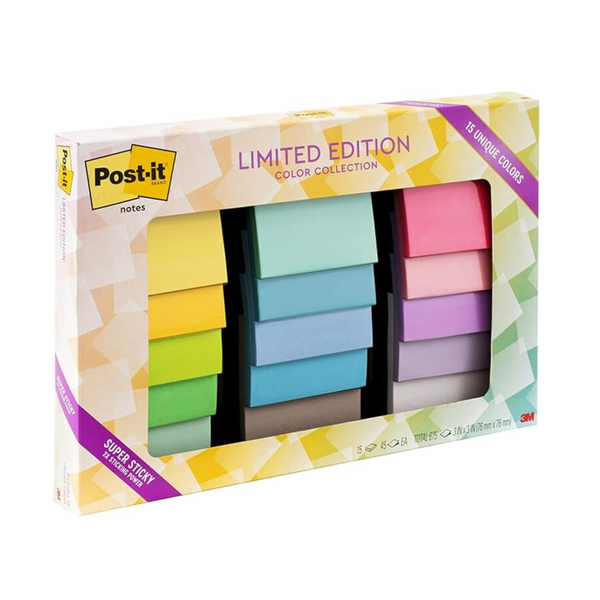 Notas Post-it Super Sticky, colección de colores de edición limitada, 15 blocs