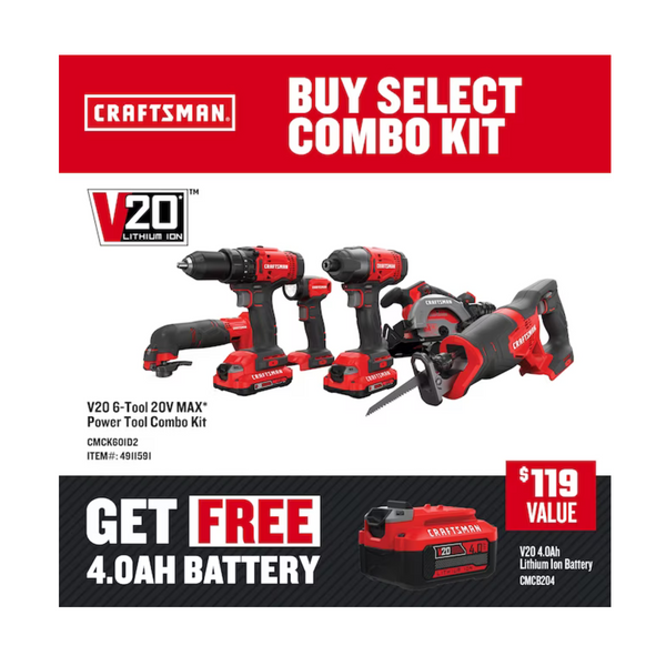 Craftsman V20 6-Tool Combo Kit w/ 2x 2Ah Batteries + 1x 4Ah Battery & Charger