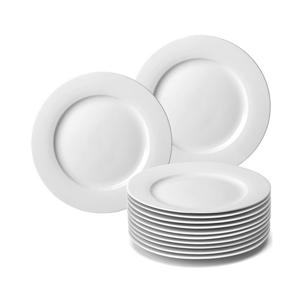 12 Piece White Porcelain Dinner Plates, Scratch Resistant, Microwave, Oven & Dishwasher Safe