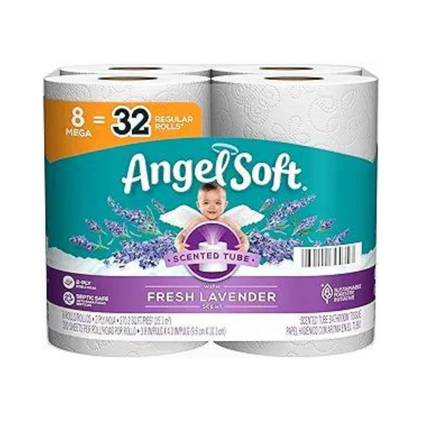 Papel higiénico suave Angel con aroma a lavanda fresca (8 megarollos = 32 rollos regulares)