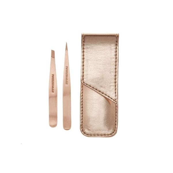 Tweezerman Petite Point and Slant Tweezer Set con estuche de viaje (oro rosa)