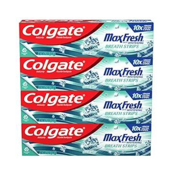 Paquete de 4 pastas de dientes blanqueadoras Colgate Max Fresh Clean Mint con minitiras