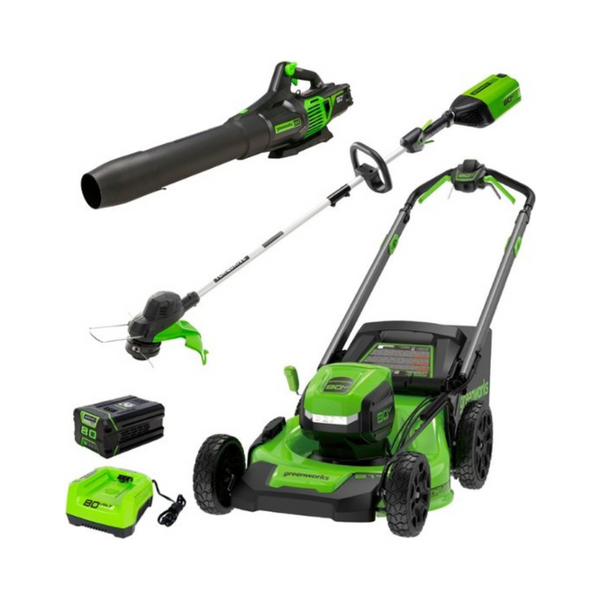 Greenworks 21" 80V Mower, 13" String Trimmer, Blower, 4Ah Battery, & Charger