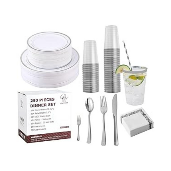 250 Count Silver Disposable Plastic Dinnerware Set