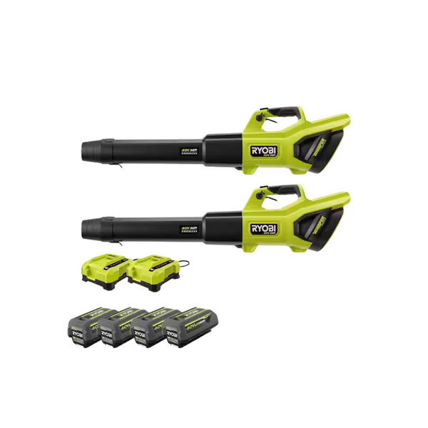 2-Pk RYOBI 40V HP Brushless Whisper Series 190 MPH 730 CFM Leaf Blower + 4 Batteries