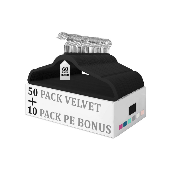 50-Pk Premium Velvet Hangers + 10 Bonus Plastic Hangers