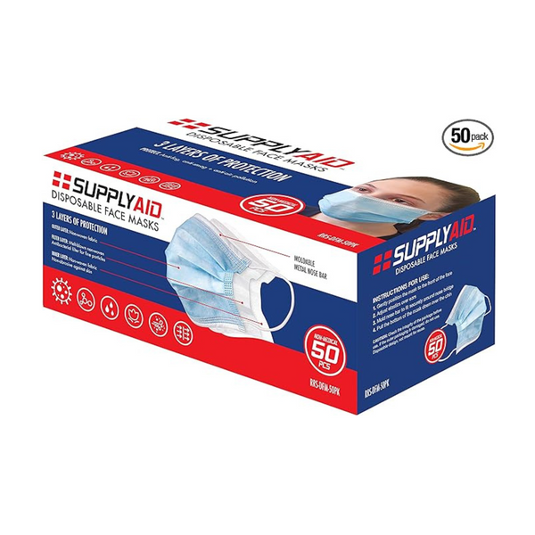 50-Count Supplyaid 3-Layer Disposable Face Masks