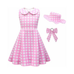 Imekis Kids Girls Pink Gingham Dress with Hat Bowknot Headband