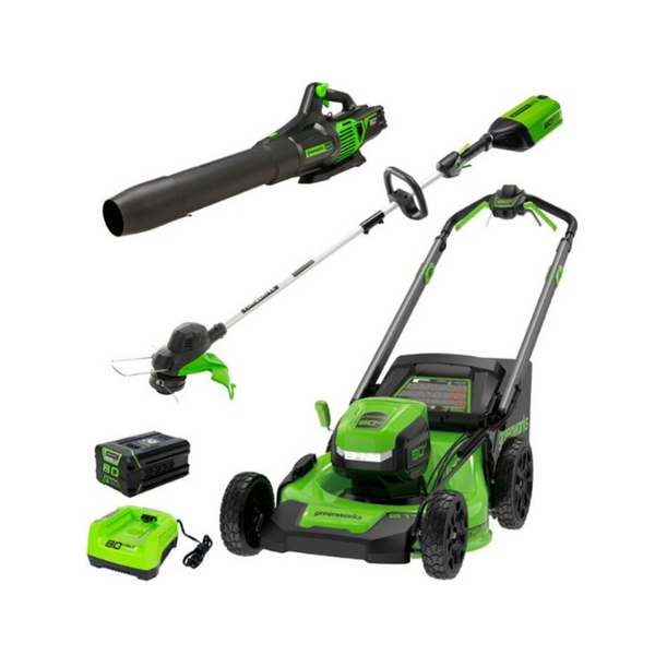 Greenworks 80V 21” Lawn Mower, 13” String Trimmer + 730 Leaf Blower Combo with 4 Ah Battery & Charger