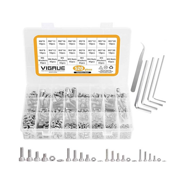 520-Piece Vigrue 304 Stainless Steel Screws and Nuts Assortment Kit