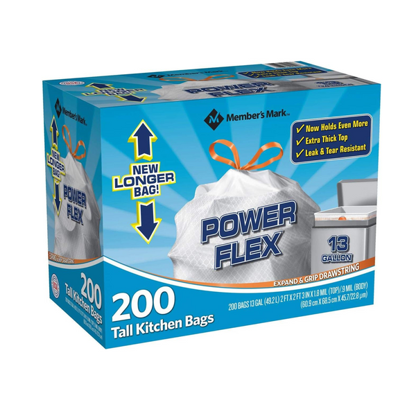 200-Ct Member’s Mark Power Flex Tall Kitchen Drawstring Bags