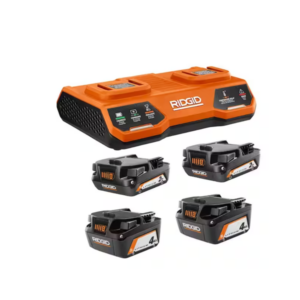 Ridgid 18V Dual Port Simultaneous Charger w/ 2x 2.0 Ah & 2x 4.0 Ah Batteries