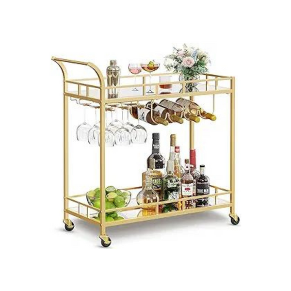 Gold Wine Cart with 2 Mirrored Shelves