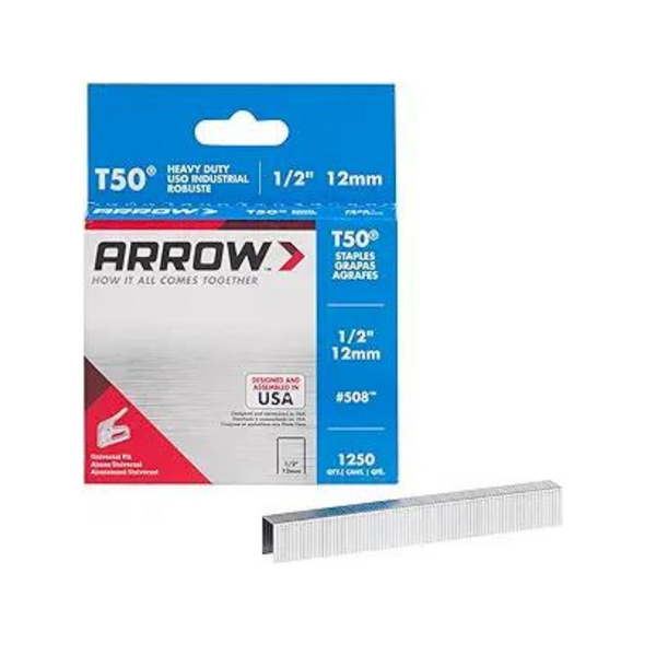 1250-ct Arrow 508 Heavy Duty T50 1/2" Leg Staples for Upholstery, Construction