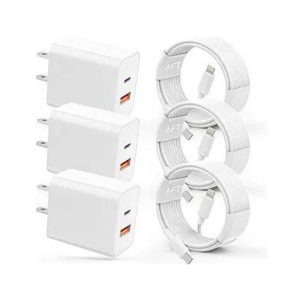 3-Pack Dual-Port USB Chargers & USB-C to Lightning Cables