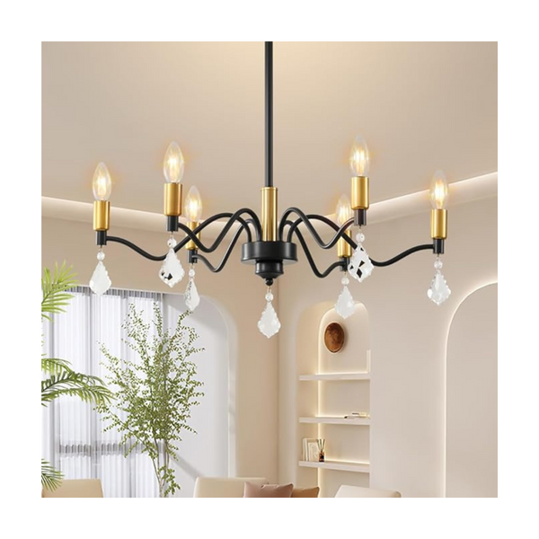 6-Light Black and Gold Chandelier with Crystal Decoration