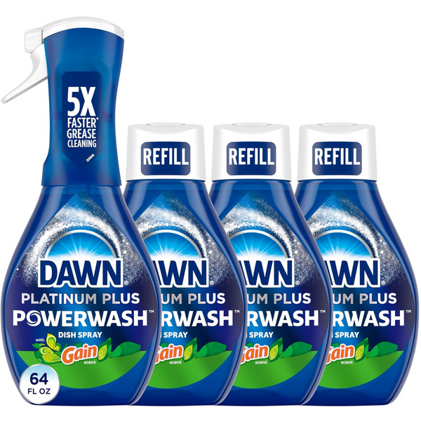 Dawn Powerwash Gain Original Dish Spray, Liquid Dish Soap 1 Starter Kit + 3 Refills, 64 Fl Oz