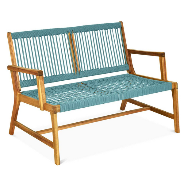 Tangkula Outdoor Acacia Wood Bench Loveseat w/ Teak Oil Finish & Rope Weave