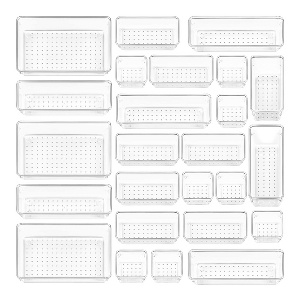 25-Pcs Clear Plastic Drawer Organizers Set