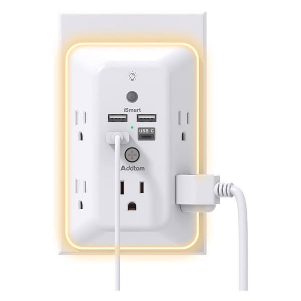 5-Outlet Addtam Surge Protector w/ USB-A, USB-C, & Night Light