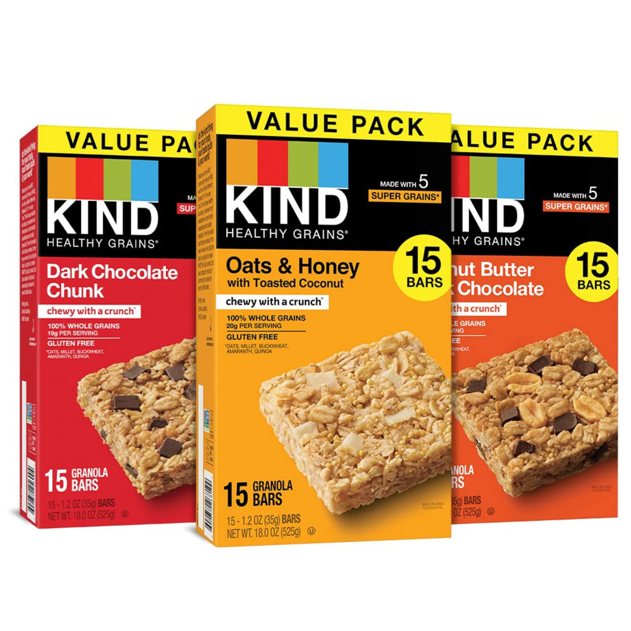 45-Ct KIND Healthy Grains Bars (Dark Chocolate Chunk, Oats & Honey, Peanut Butter)