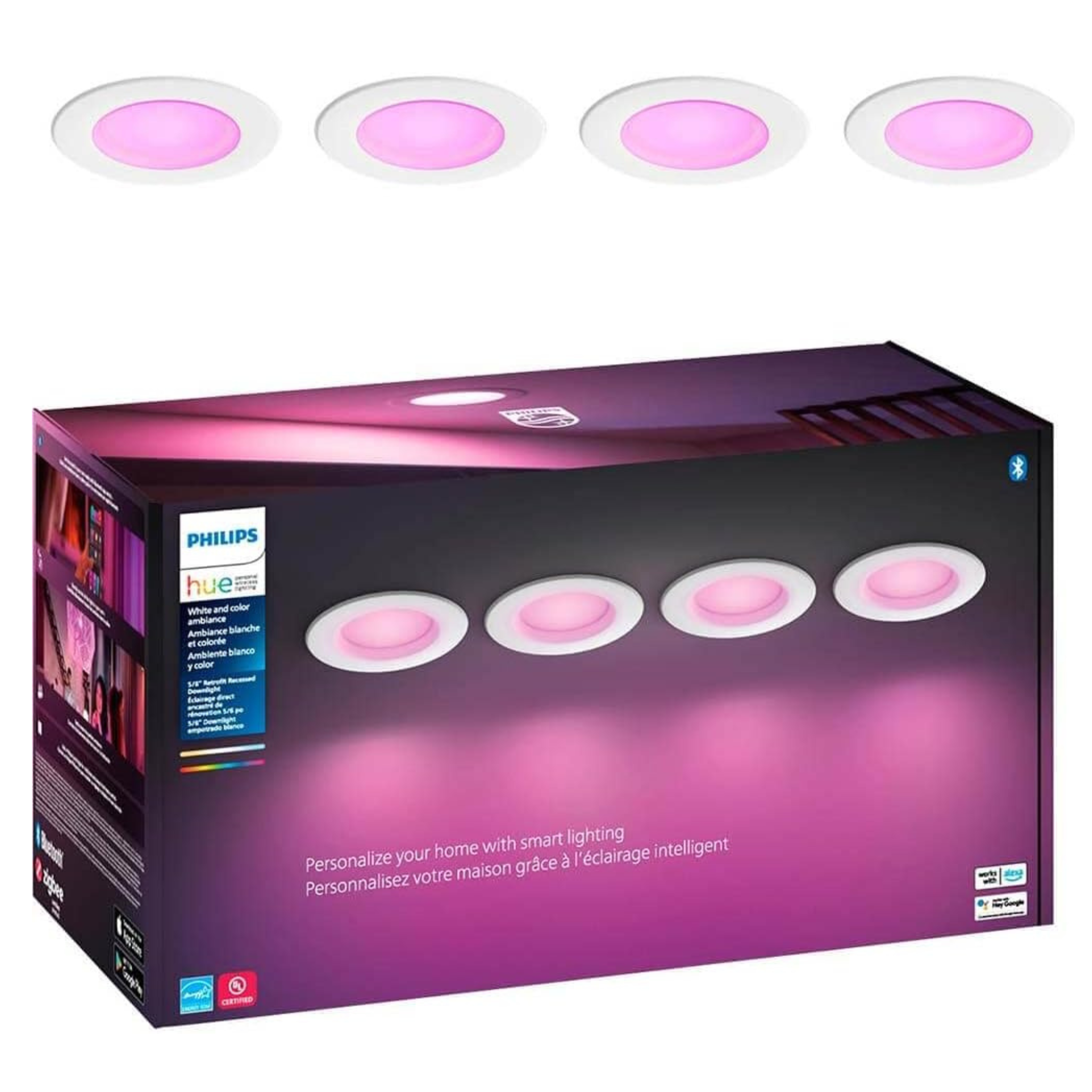 4-Pk Philips Hue Bluetooth White & Color Dimmable 5"/6" E26 Recessed Downlights