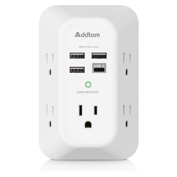 Addtam 5 Outlet USB Wall Charger Surge Protector Extender