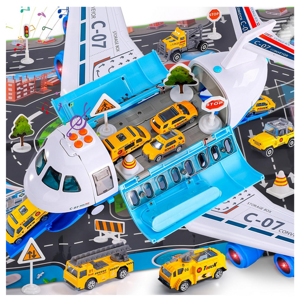 Large Airplane With 6 Construction Vehicles 10 Road Signs 1 Play Mat