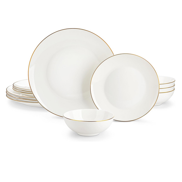 Malacasa Bone China Dinnerware Set with Gold Rim, 12 Piece Set, Service for 4