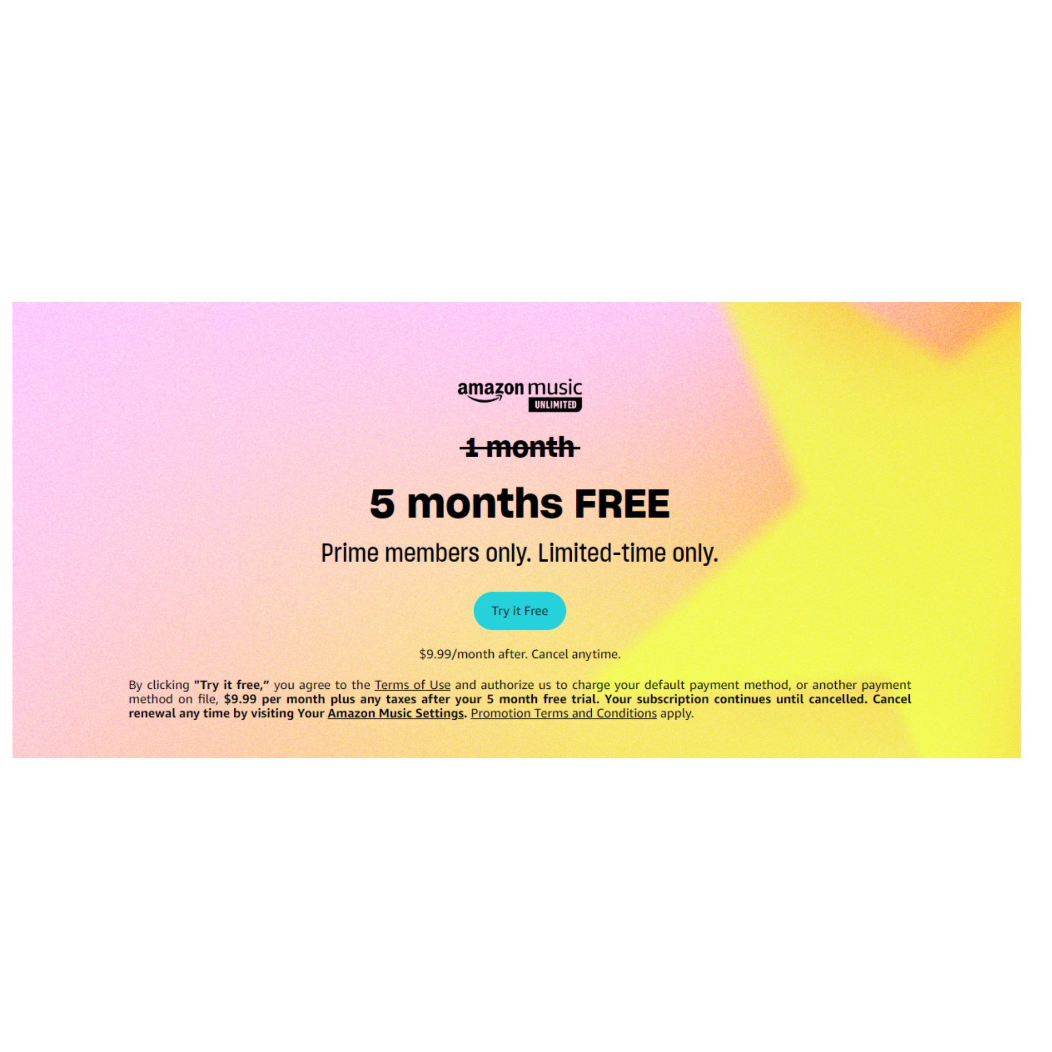 Select Prime Members: 5-Month Amazon Music Unlimited Individual Plan