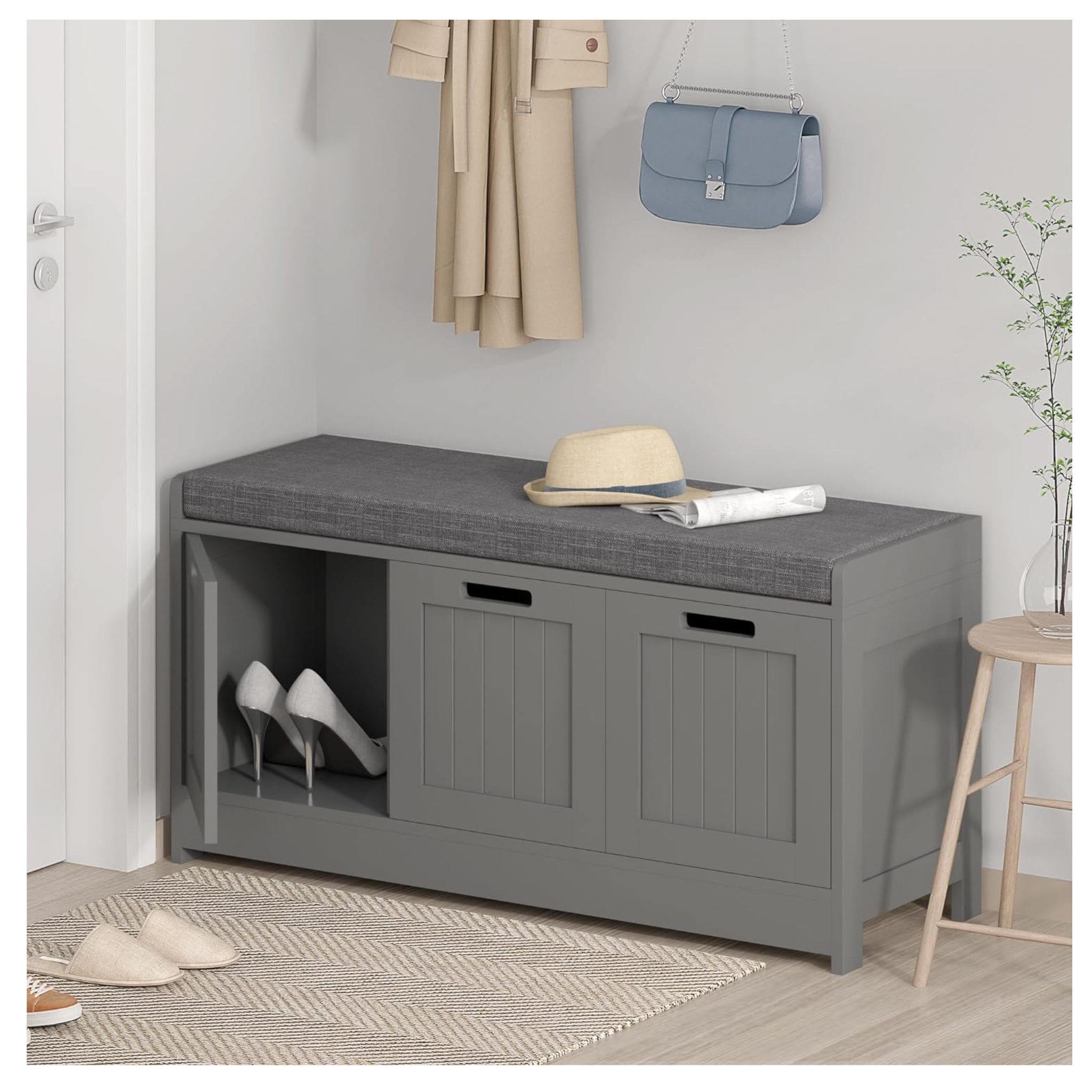JEROAL Shoe Storage Bench with Removable Cushion & 3-Door Cabinets