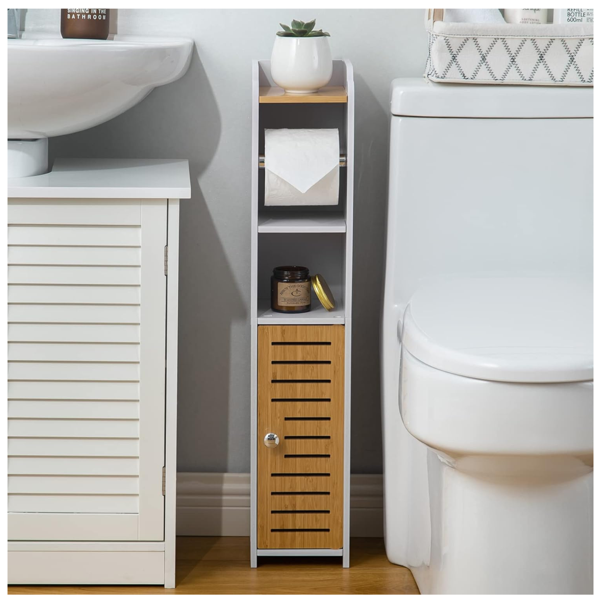 Aojezor Toilet Paper Holder Stand with Small Storage Cabinet