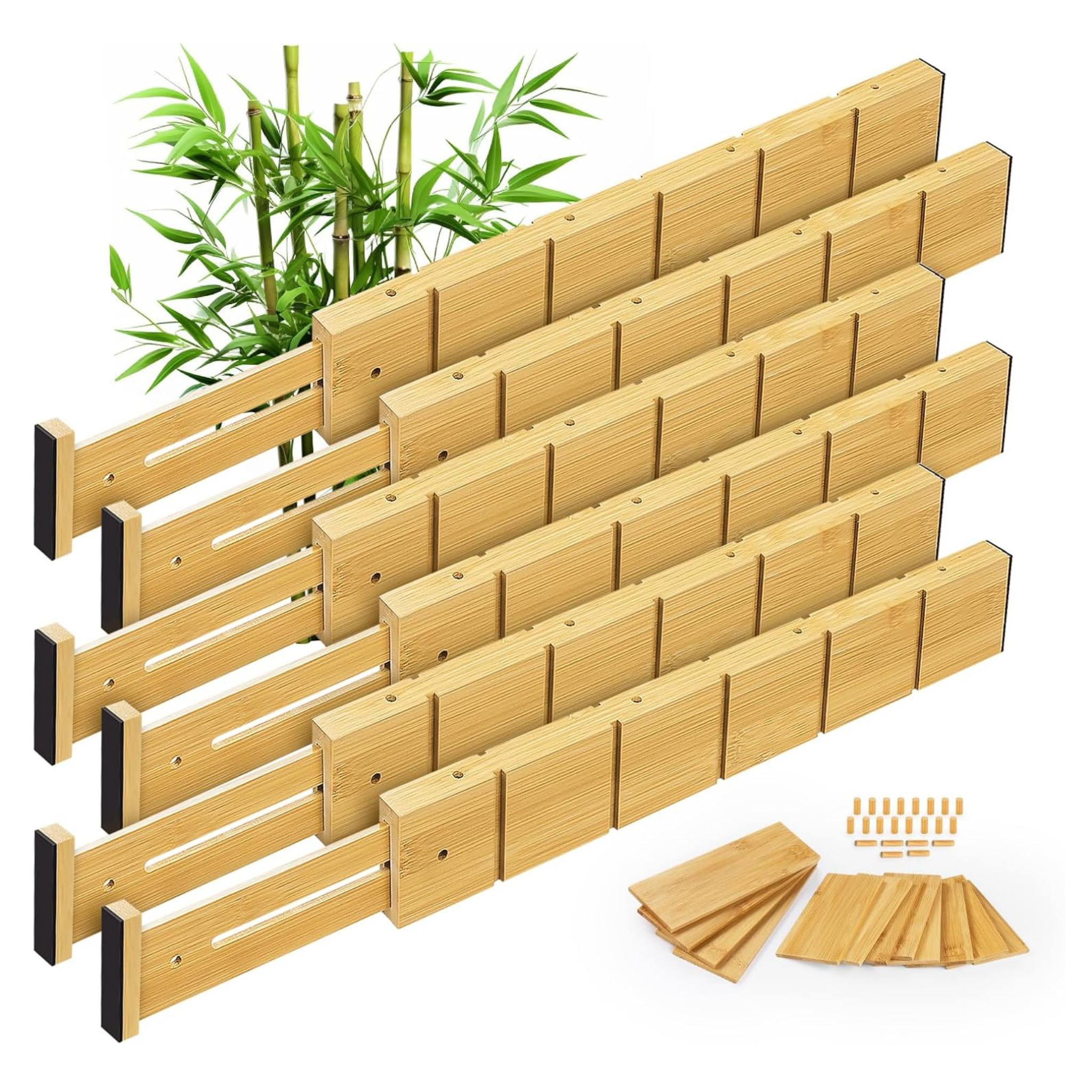 6-Pc Bamboo Drawer Dividers with 12 Inserts, Expandable Drawer Organizer
