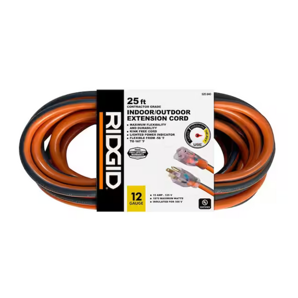 25ft RIDGID 12/3 Heavy Duty Indoor / Outdoor Lighted End Extension Cord