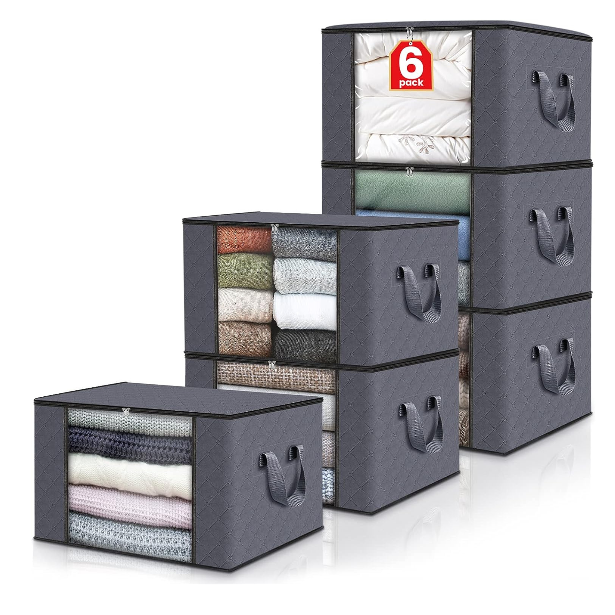 Fab totes 6 Pack Clothes Storage Containers with Lids and Handle Grey