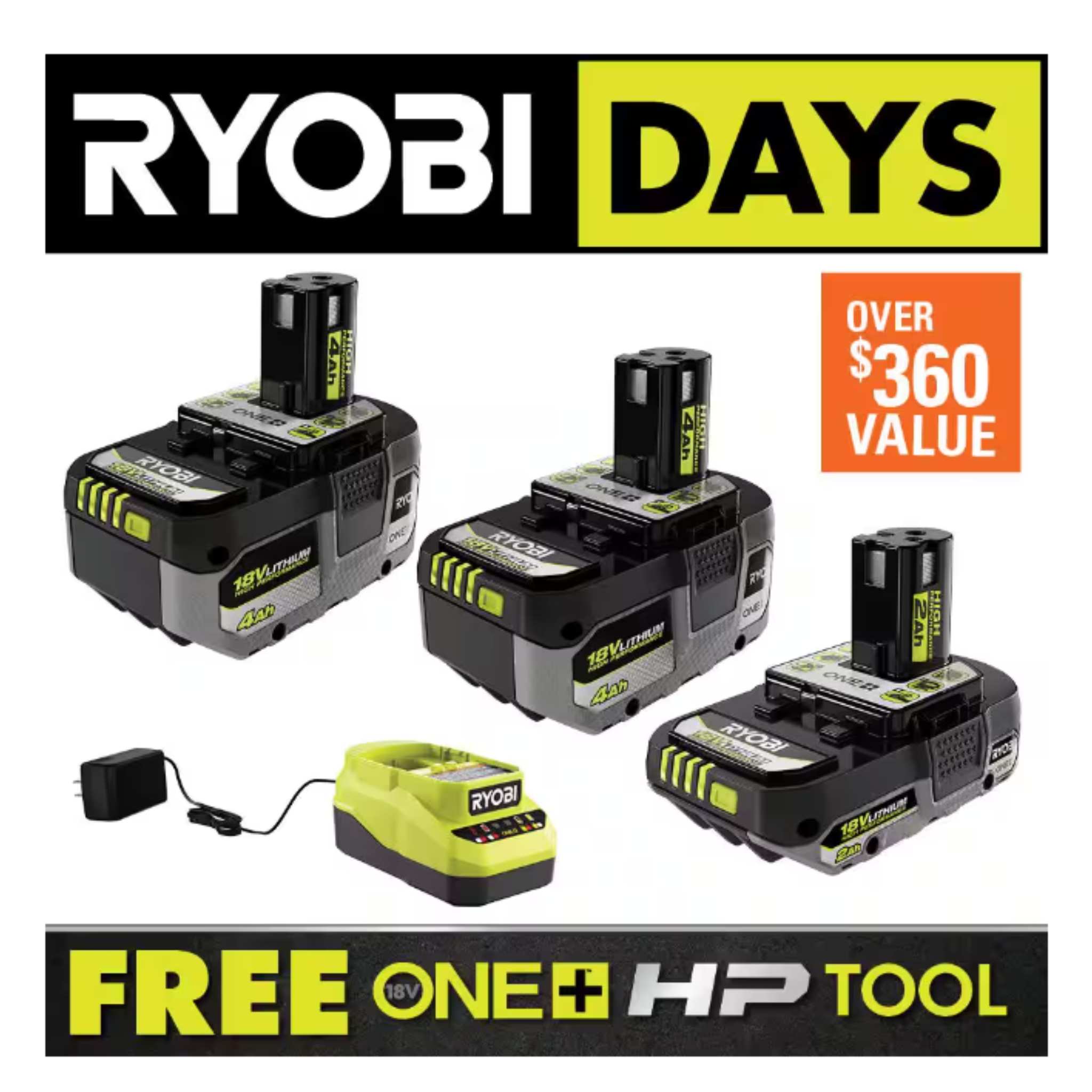 Ryobi One+ 18V HP 2Ah Battery + 2x 4Ah Battery w/ Charger + Select Bonus Tool