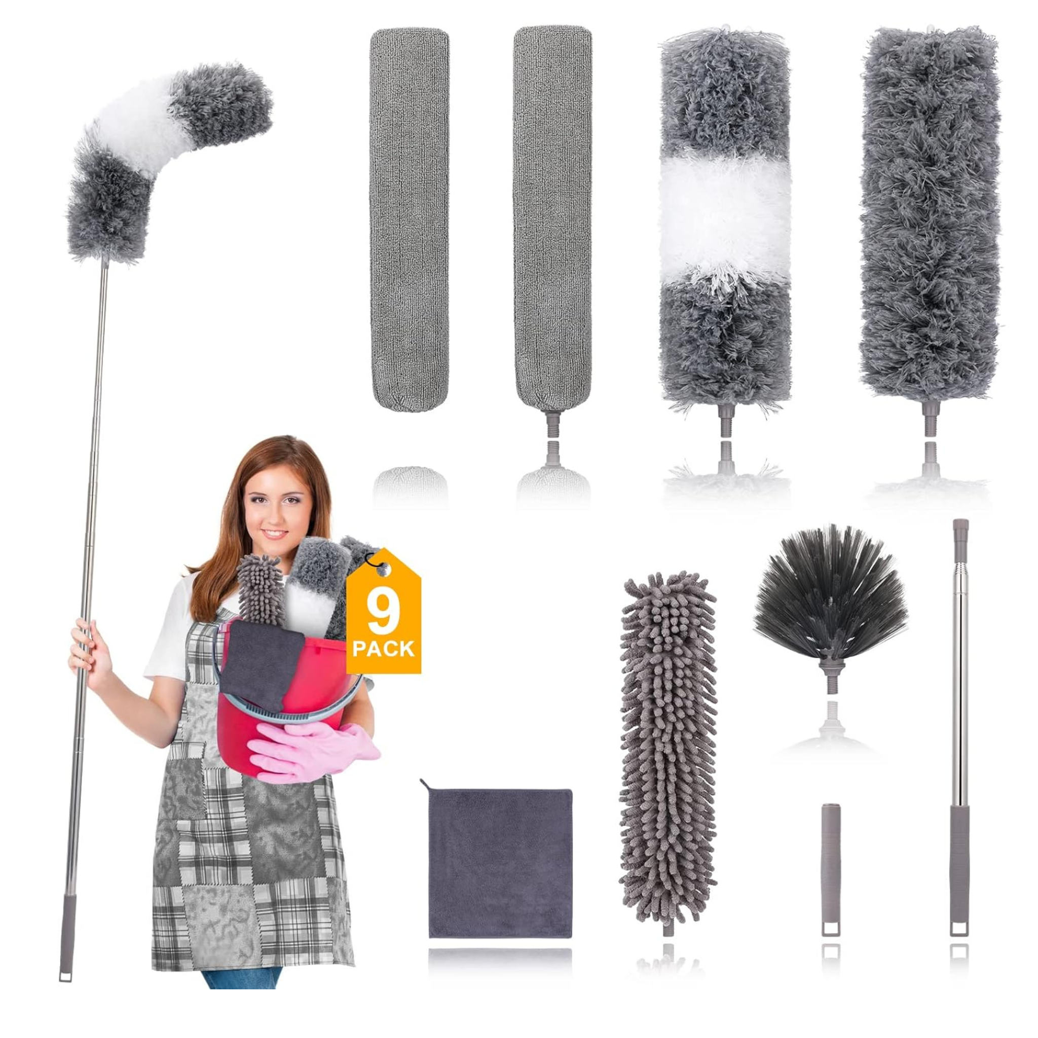 9 Pc Stainless Steel Bendable Microfiber Duster Set (30 to 100 Inches)